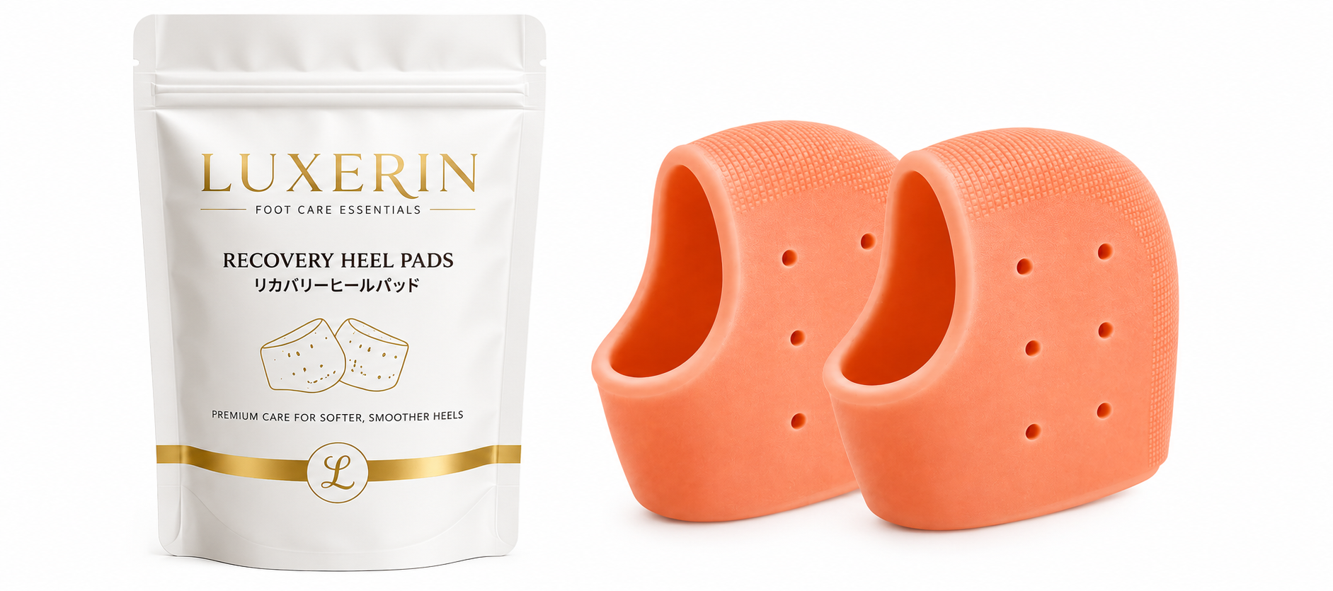 LUXERIN Recovery Heel Pads package and product contents