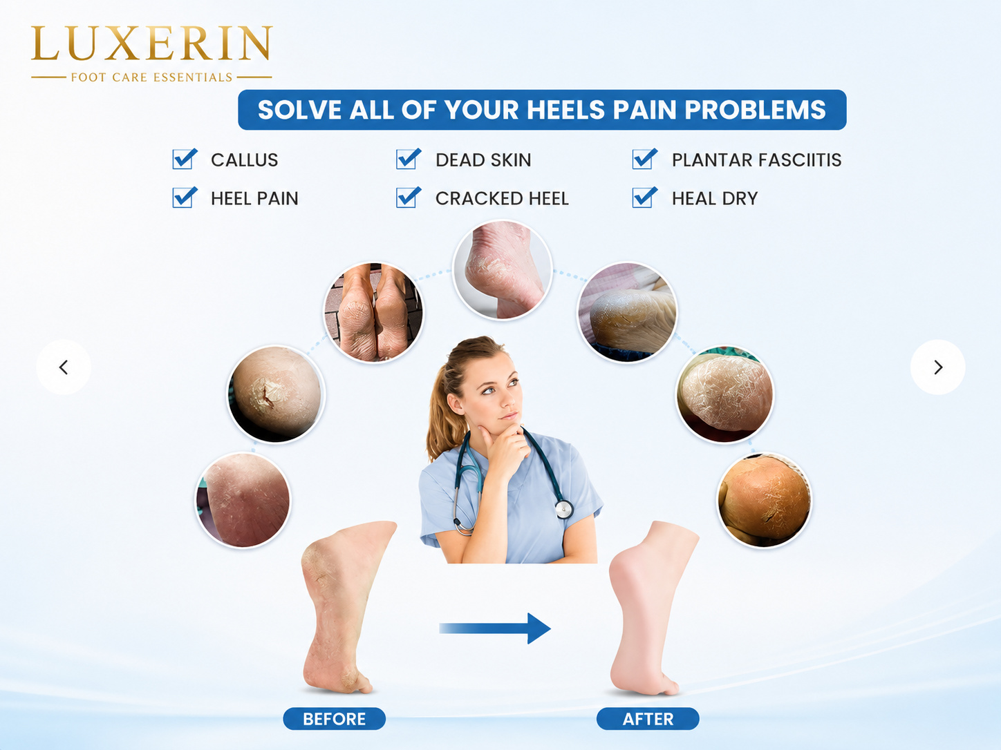LUXERIN Recovery Heel Pads worn on feet